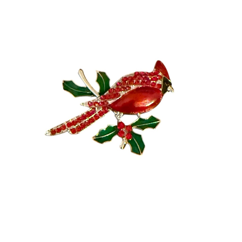 Red Cardinal Brooch with Green Accents